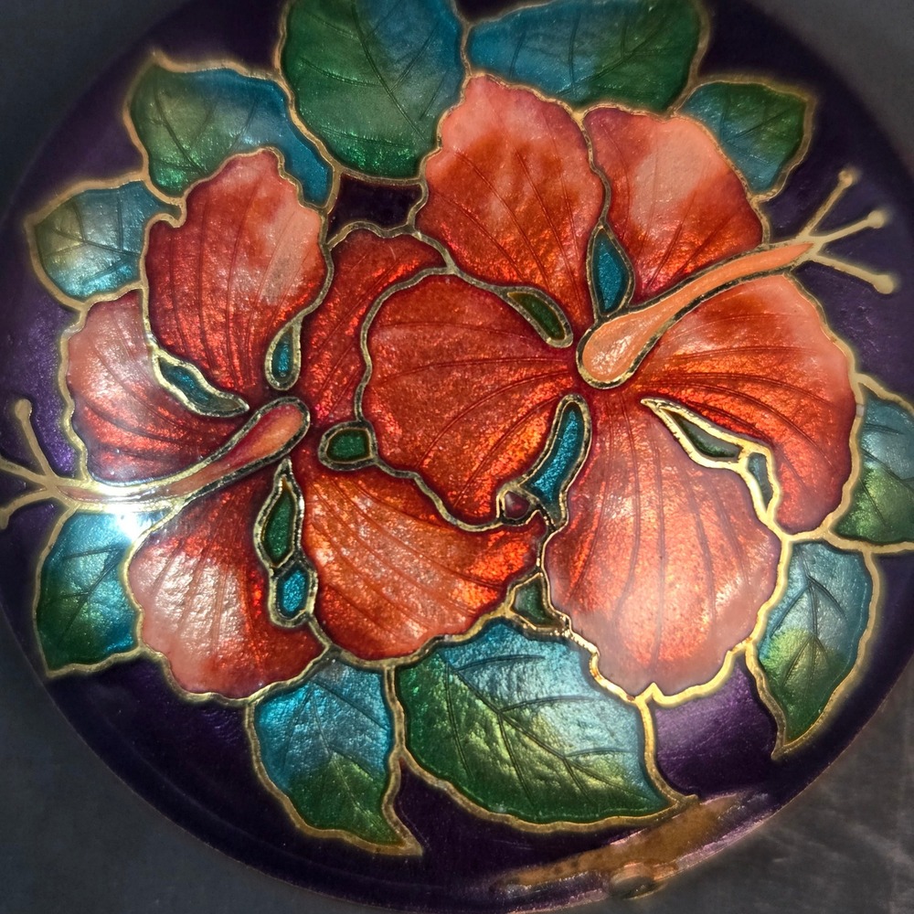 Vintage Cloisonne Enamel Hibiscus Flower Pendant Purple Orange Tropical Floral - Picture 2 of 8